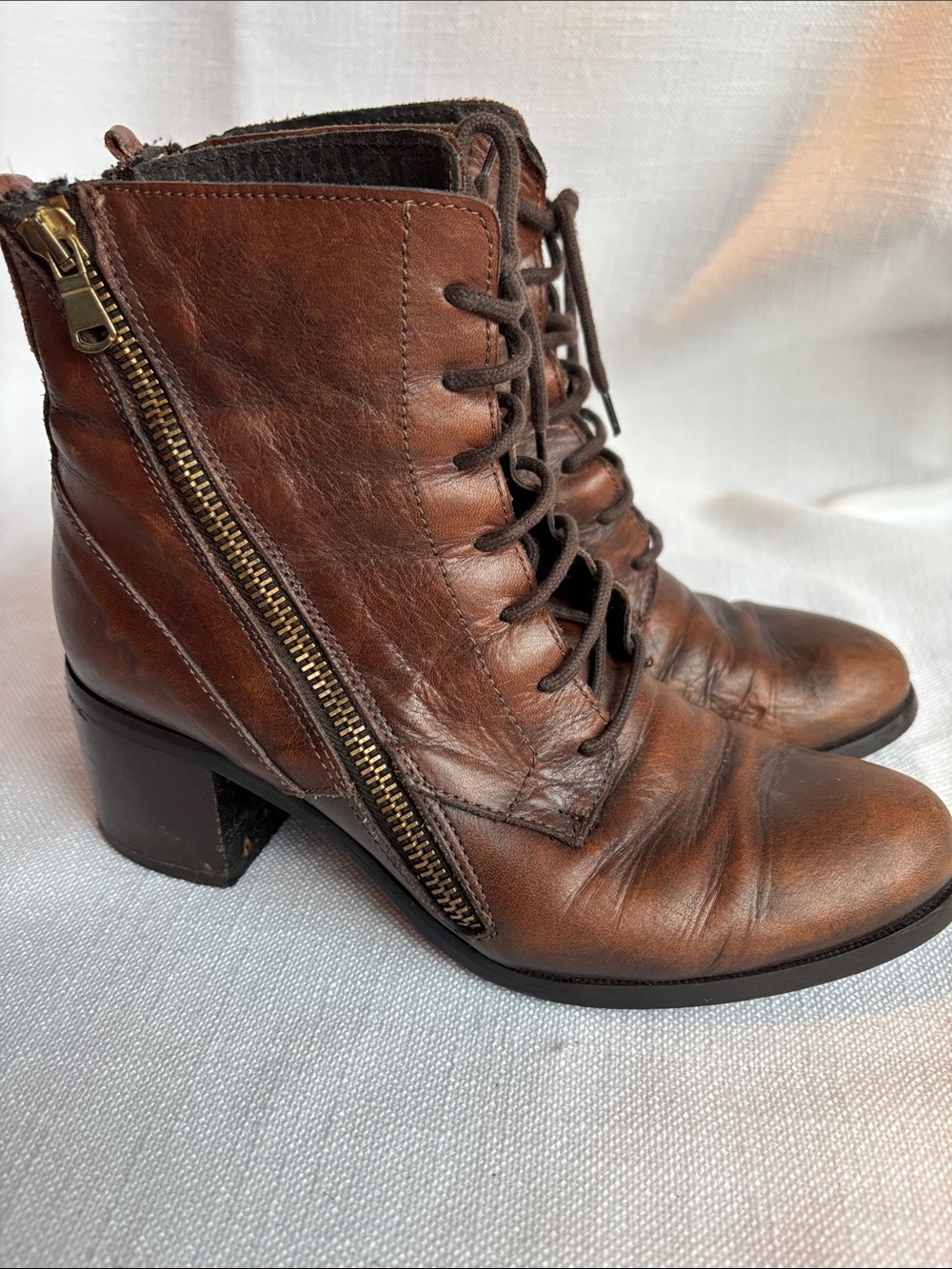 Women's Brown Leather Lace-Up Ankle Boots with Side Zip -GB2sku